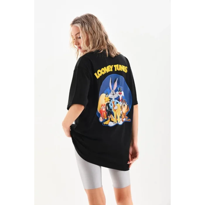 Kadın Kısa Kol Yazlık Tişört Bisiklet Yaka Baskılı Oversize T-Shirt - Siyah