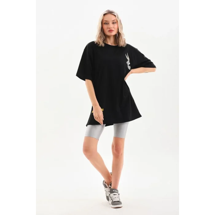 Kadın Kısa Kol Yazlık Tişört Bisiklet Yaka Baskılı Oversize T-Shirt - Siyah
