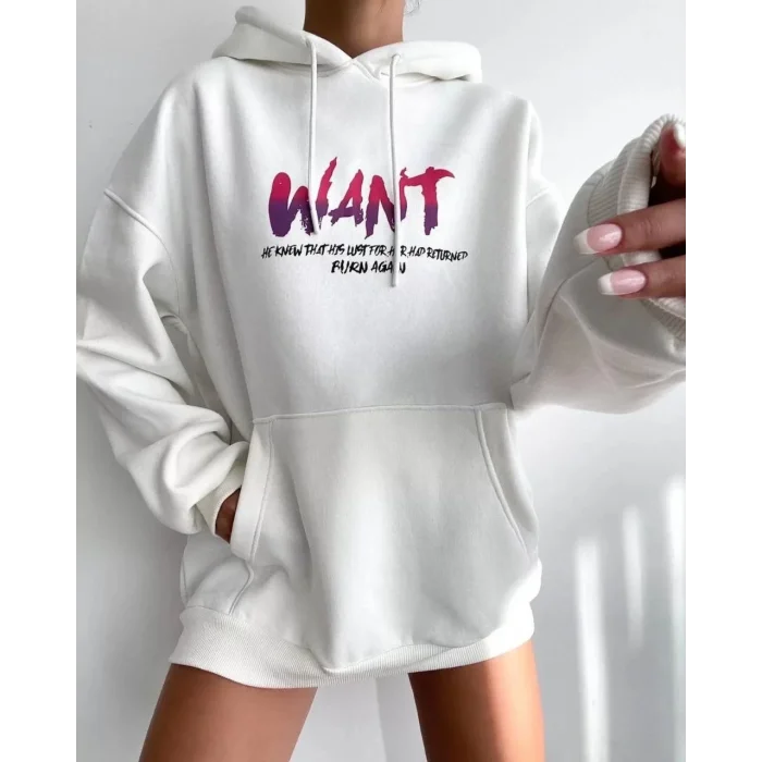 Kadın Oversize Kapüşonlu Cepli WANT Baskılı 3 İplik Pamuklu Hoodie Sweatshirt - Beyaz