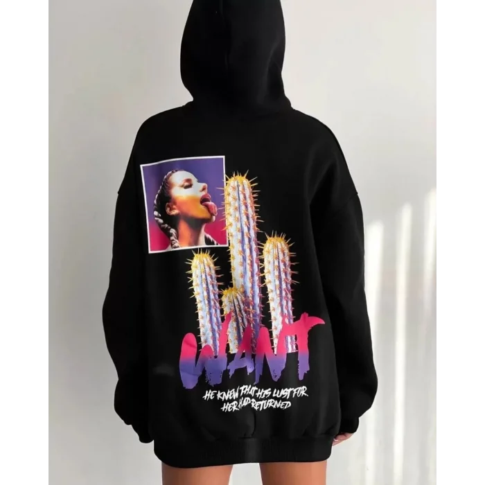 Kadın Oversize Kapüşonlu Cepli WANT Baskılı 3 İplik Pamuklu Hoodie Sweatshirt - Siyah