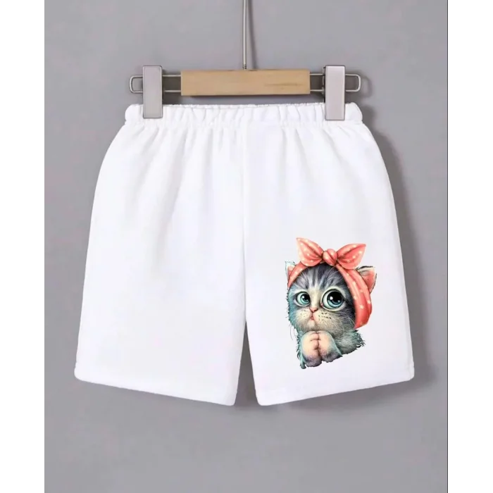 Kadın Beli Lastikli Baskılı Mini Şort - Beyaz