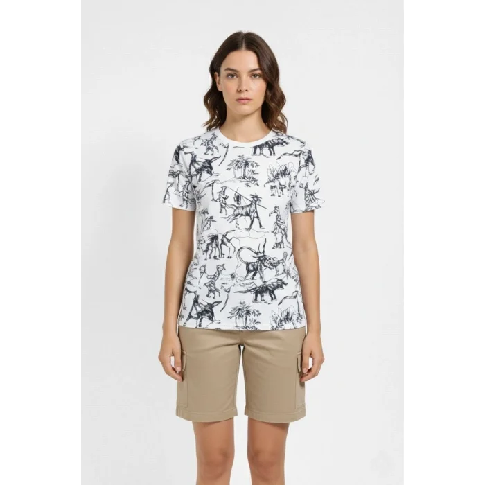 Kadın Beyaz Dinozor Desenli Tişört – Regular Kalıp, Bisiklet Yaka, Dijital Baskılı Pamuklu T-Shirt - Beyaz