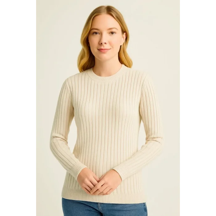 Kadın Bisiklet Yaka Triko Kazak Pamuklu Kalın Fitilli Dokuma Regular Fit - Bej