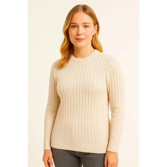 Kadın Bisiklet Yaka Triko Kazak Pamuklu Kalın Fitilli Dokuma Regular Fit - Bej