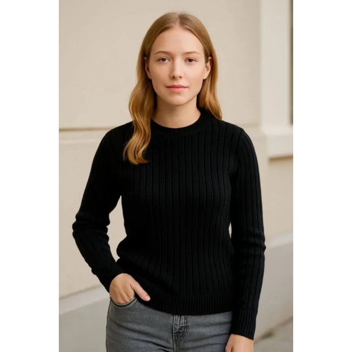 Kadın Bisiklet Yaka Triko Kazak Pamuklu Kalın Fitilli Dokuma Regular Fit -  Siyah