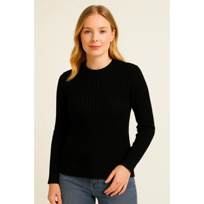 Kadın Bisiklet Yaka Triko Kazak Pamuklu Kalın Fitilli Dokuma Regular Fit -  Siyah