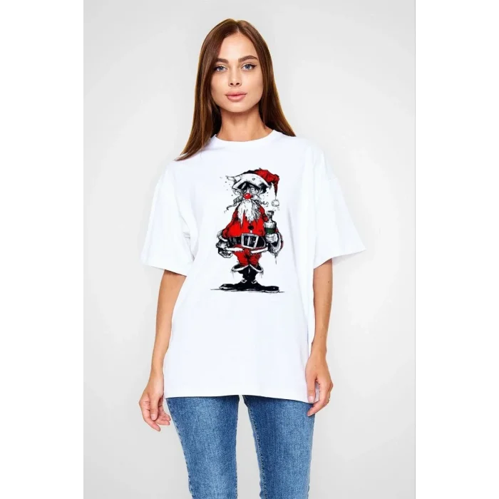 kadın Bisiklet Yaka Baskılı  Kısa kol Oversize T-Shirt - Beyaz