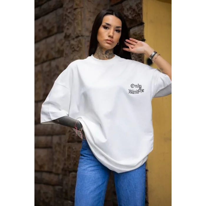 kadın Tişort Bisiklet Yaka Baskılı yazlık Kısa kol Oversize T-Shirt - Beyaz