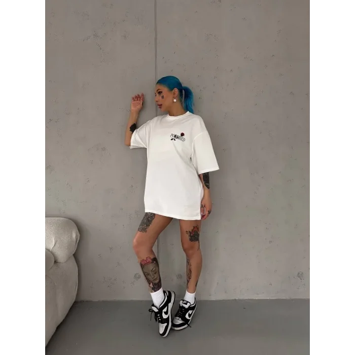 Kadın Bisiklet Yaka Baskılı Kısa kol Oversize T-Shirt - Beyaz