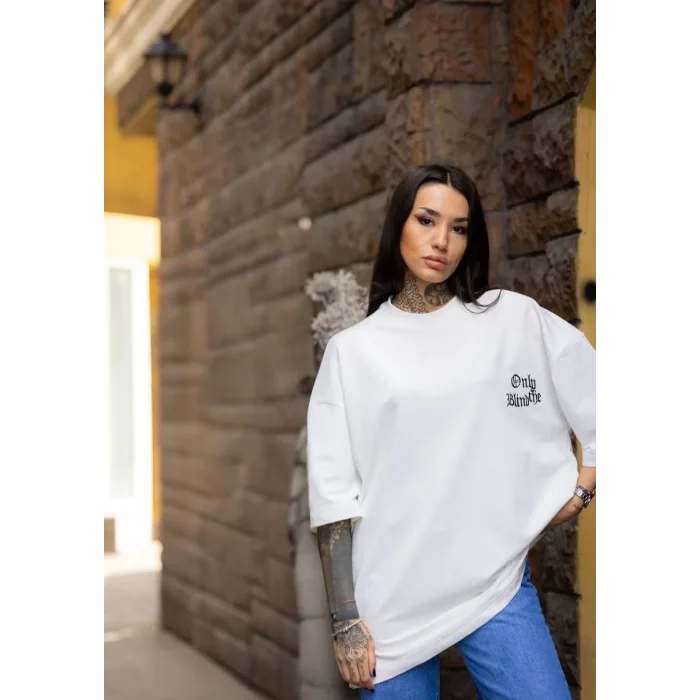 kadın Tişort Bisiklet Yaka Baskılı yazlık Kısa kol Oversize T-Shirt - Beyaz
