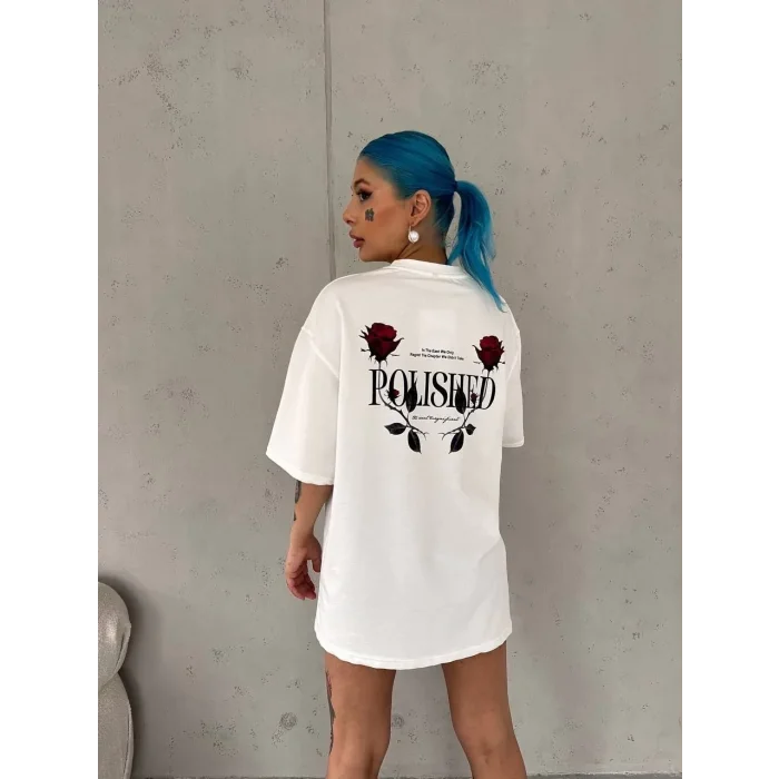 Kadın Bisiklet Yaka Baskılı Kısa kol Oversize T-Shirt - Beyaz