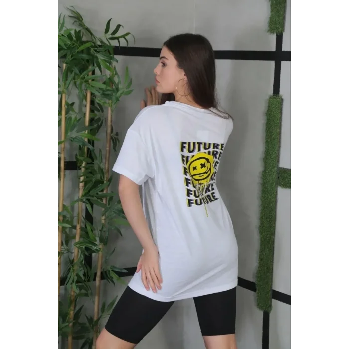 Kadın Bisiklet Yaka Baskılı Kısa kol Oversize T-Shirt - Beyaz