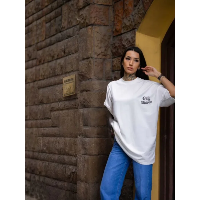 kadın Tişort Bisiklet Yaka Baskılı yazlık Kısa kol Oversize T-Shirt - Beyaz
