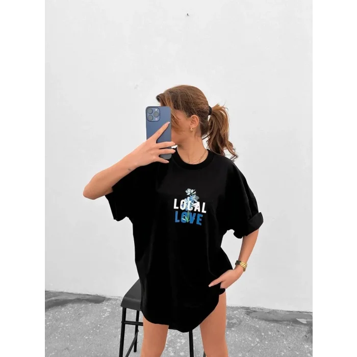 Kadın Tişort Bisiklet Yaka Baskılı Kısa kol Oversize T-Shirt - Siyah