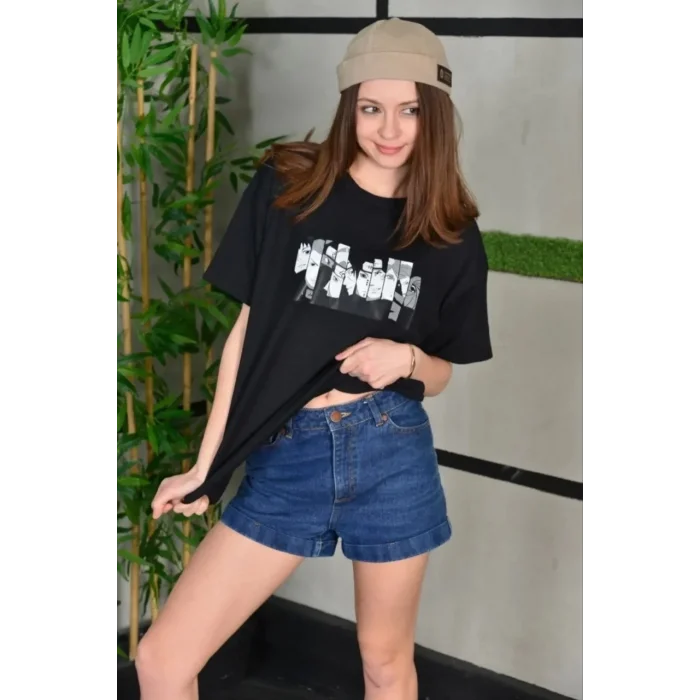 Kadın Bisiklet Yaka Baskılı  Kısa kol Oversize T-Shirt - Siyah