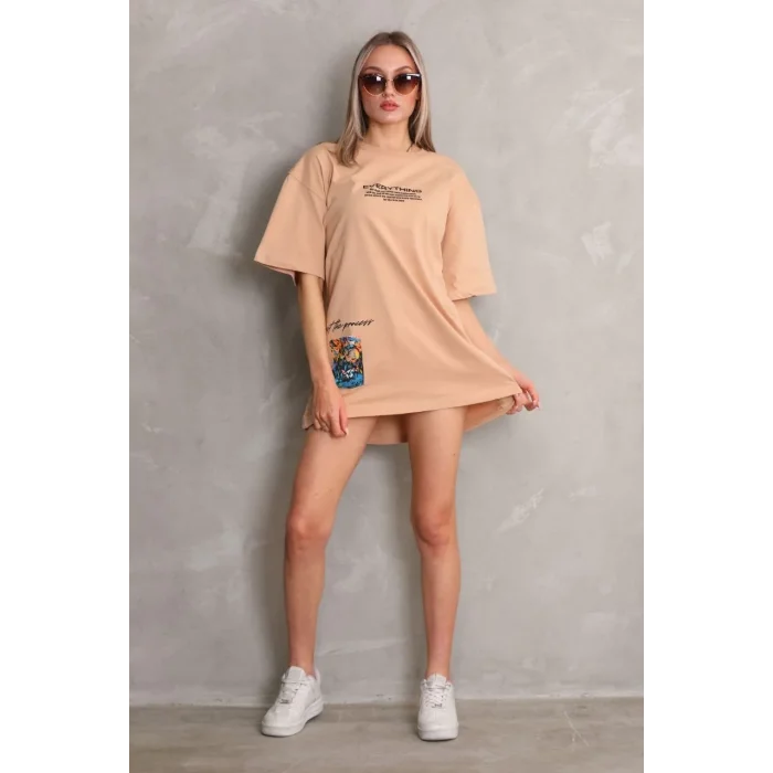 kadın Bisiklet Yaka Baskılı Oversize Kısa kol T-Shirt - Bej