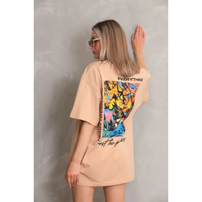 kadın Bisiklet Yaka Baskılı Oversize Kısa kol T-Shirt - Bej