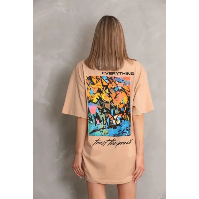 kadın Bisiklet Yaka Baskılı Oversize Kısa kol T-Shirt - Bej