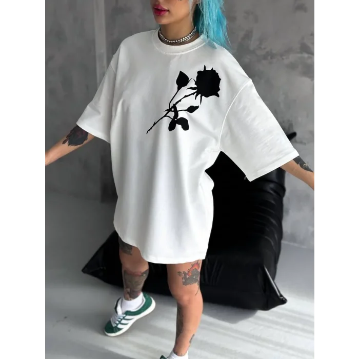 kadın Bisiklet Yaka Baskılı Oversize  Kısa kol T-Shirt - Beyaz