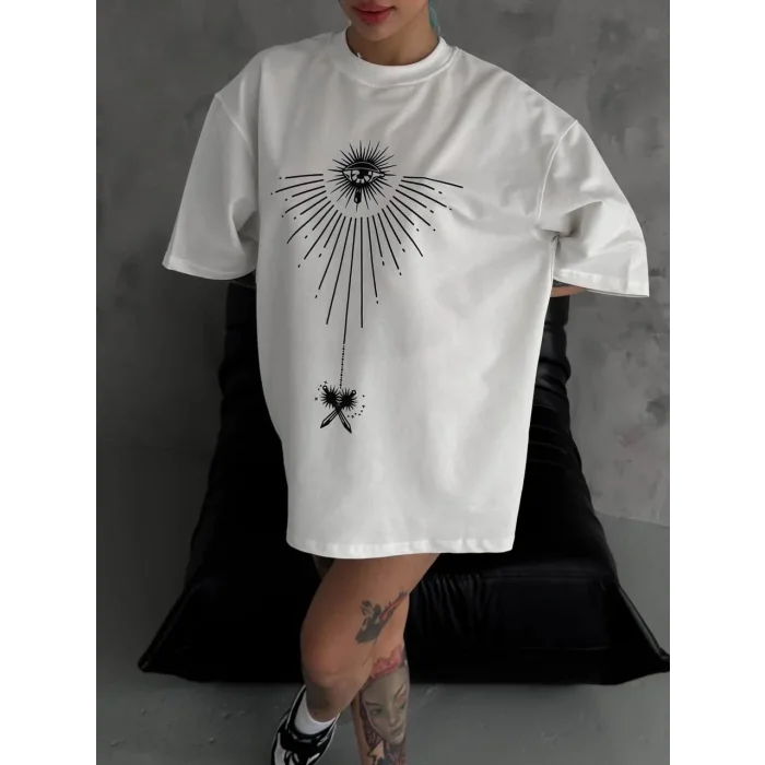 kadın Bisiklet Yaka Baskılı Oversize  Kısa kol T-Shirt - Beyaz