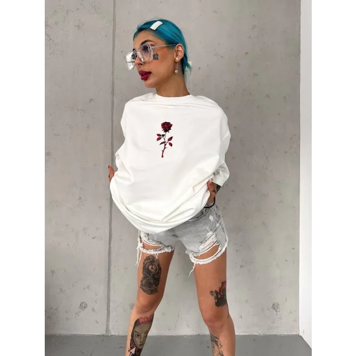 kadın Bisiklet Yaka Baskılı Oversize Kısa kol  T-Shirt - Beyaz