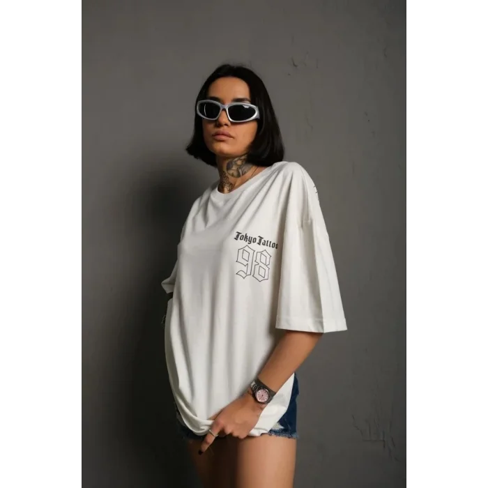 kadın Bisiklet Yaka Baskılı Oversize Kısa kol  T-Shirt - Beyaz