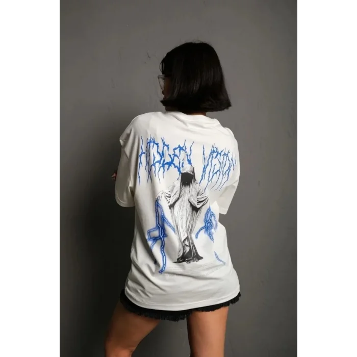 kadın Bisiklet Yaka Baskılı Oversize Kısa kol  T-Shirt - Beyaz