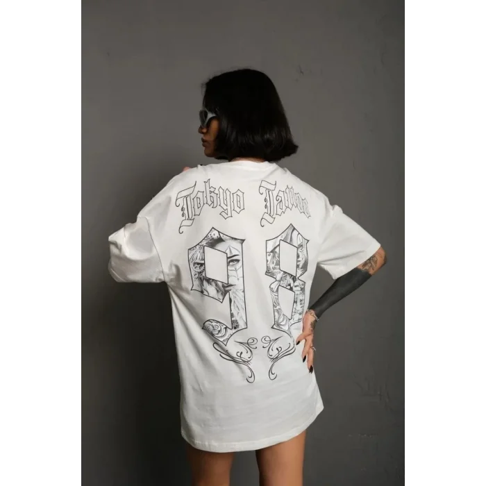 kadın Bisiklet Yaka Baskılı Oversize Kısa kol  T-Shirt - Beyaz
