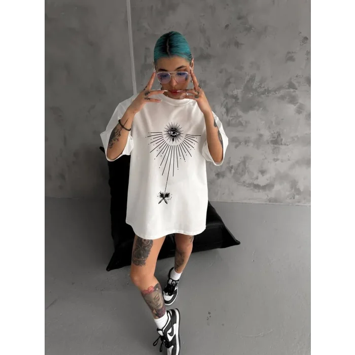 kadın Bisiklet Yaka Baskılı Oversize  Kısa kol T-Shirt - Beyaz