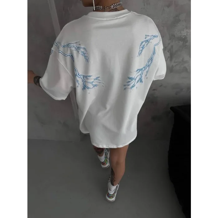 Kadın Tişort Bisiklet Yaka Yıldırım Şimşek Baskılı Kısa kol T-Shirt - Beyaz