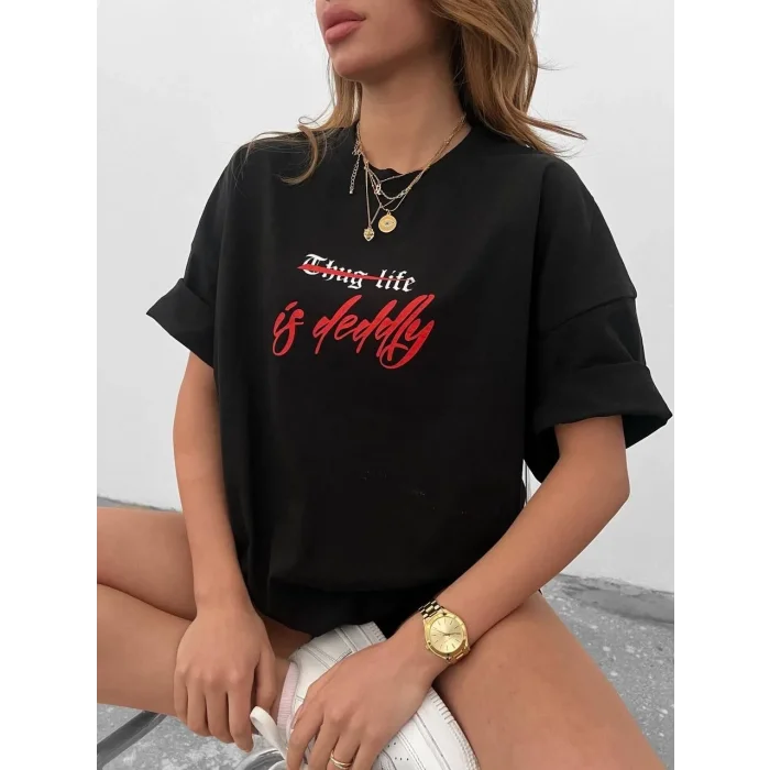 kadın Bisiklet Yaka Baskılı Oversize  Kısa kol T-Shirt - Siyah