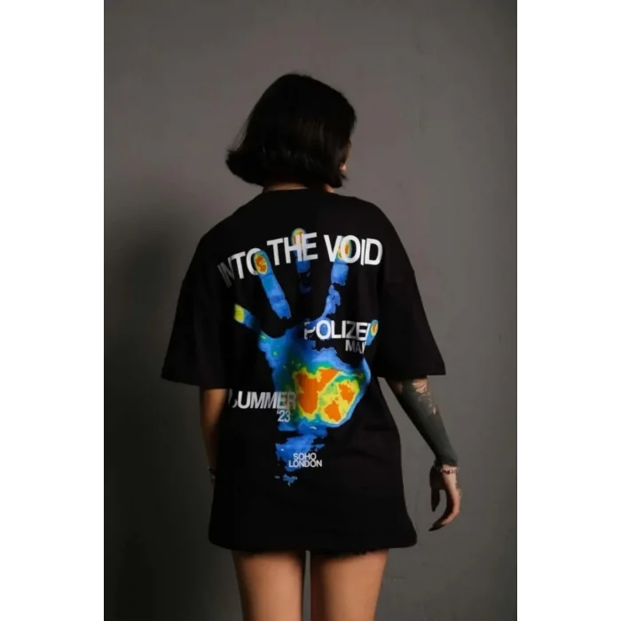 kadın Bisiklet Yaka Baskılı Oversize Kısa kol T-Shirt - Siyah