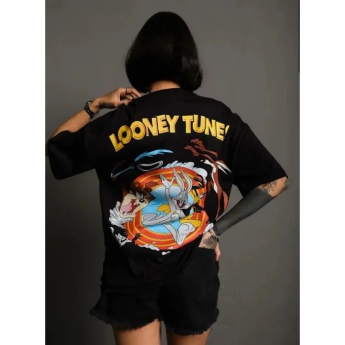 kadın Bisiklet Yaka Baskılı Oversize  Kısa kol T-Shirt - Siyah