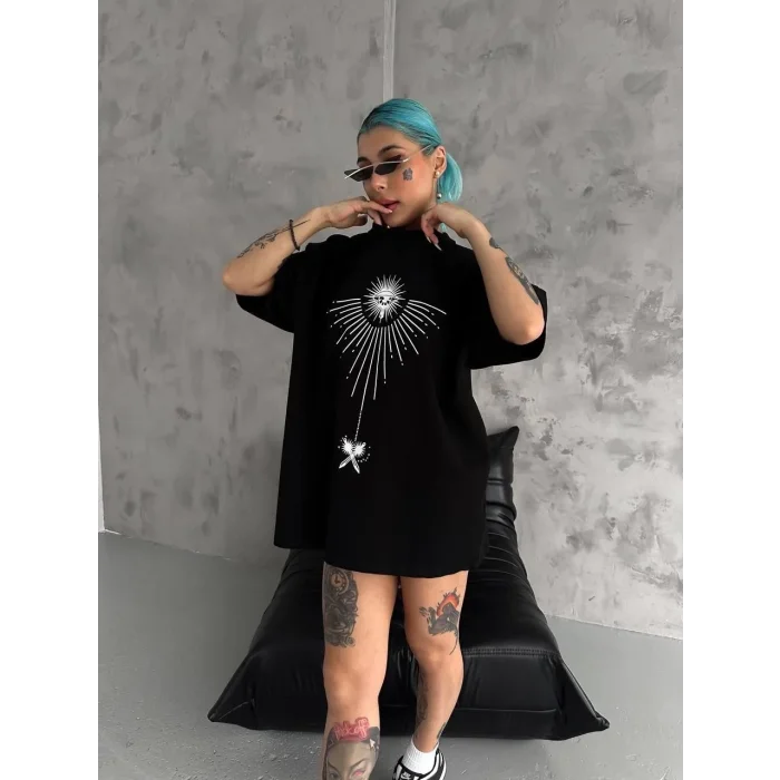 kadın Bisiklet Yaka Baskılı Oversize  Kısa kol T-Shirt - Siyah