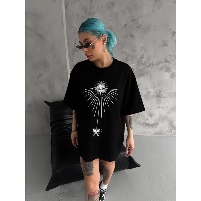 kadın Bisiklet Yaka Baskılı Oversize  Kısa kol T-Shirt - Siyah