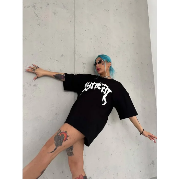 kadın Bisiklet Yaka Baskılı Oversize Kısa kol  T-Shirt - Siyah