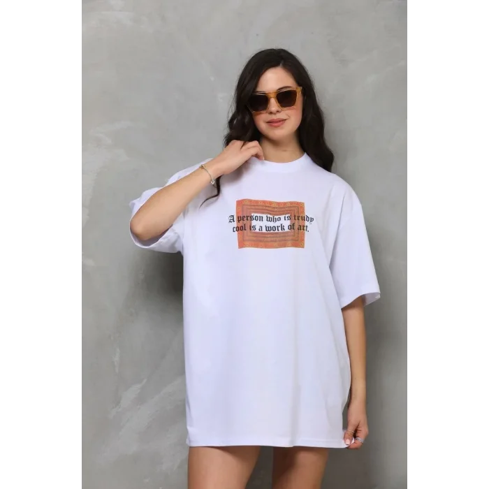 Kadın Baskılı T-Shirt Kısa Kol Bisiklet Yaka Oversize Rahat Kalıp Tişört - Beyaz