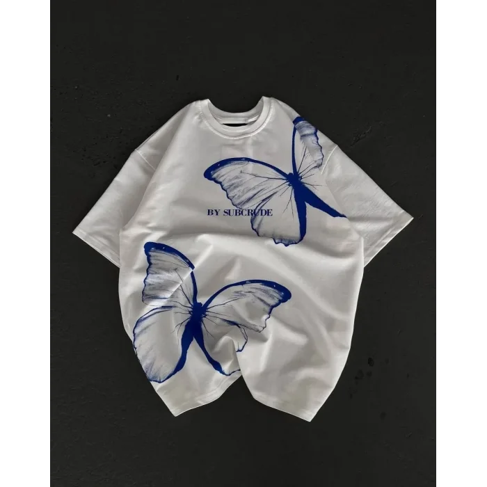 kadın  Bisiklet Yaka Baskılı Oversize T-Shirt - Beyaz