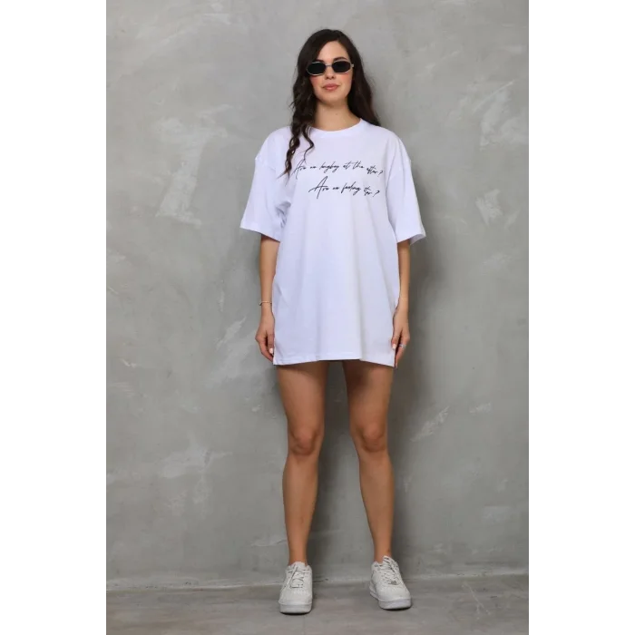 Kadın Kısa Kol Yazlık Tişört Bisiklet Yaka Baskılı Oversize T-Shirt - Beyaz