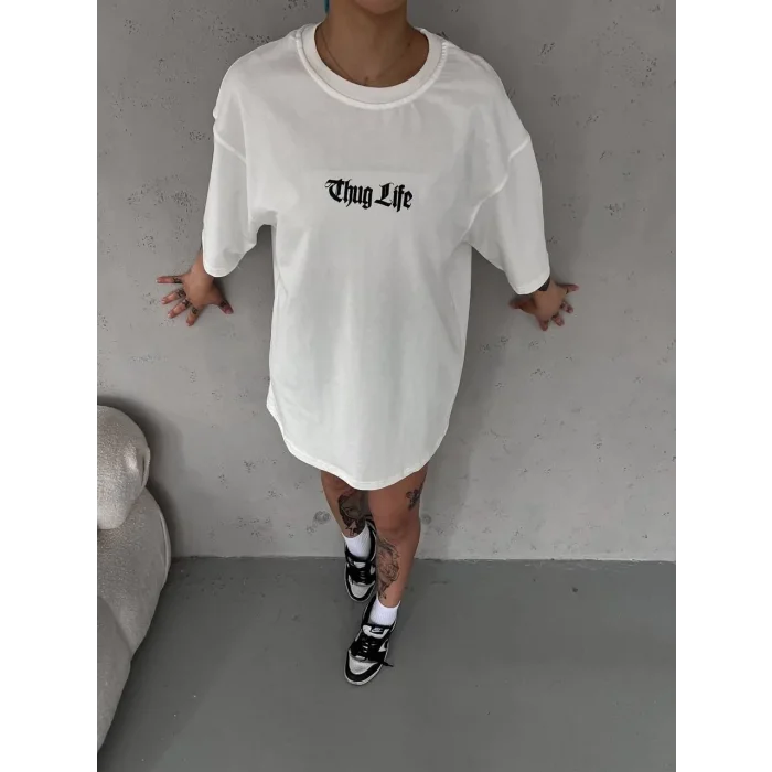 Kadın Kısa Kol Yazlık Tişört Bisiklet Yaka Baskılı Oversize T-Shirt - Beyaz