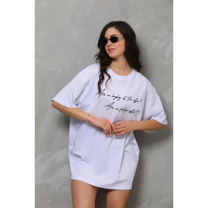 Kadın Kısa Kol Yazlık Tişört Bisiklet Yaka Baskılı Oversize T-Shirt - Beyaz