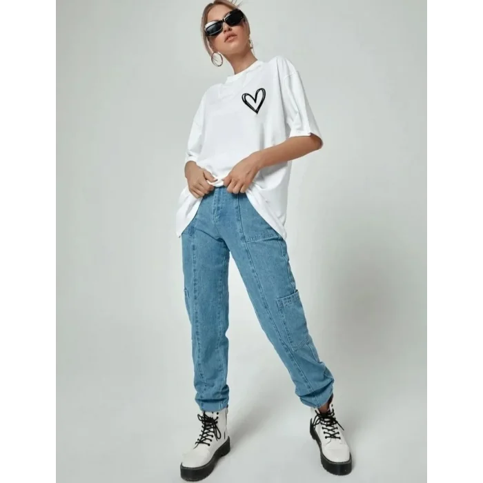 Kadın Tişört Bisiklet Yaka Baskılı Oversize T-Shirt - Beyaz