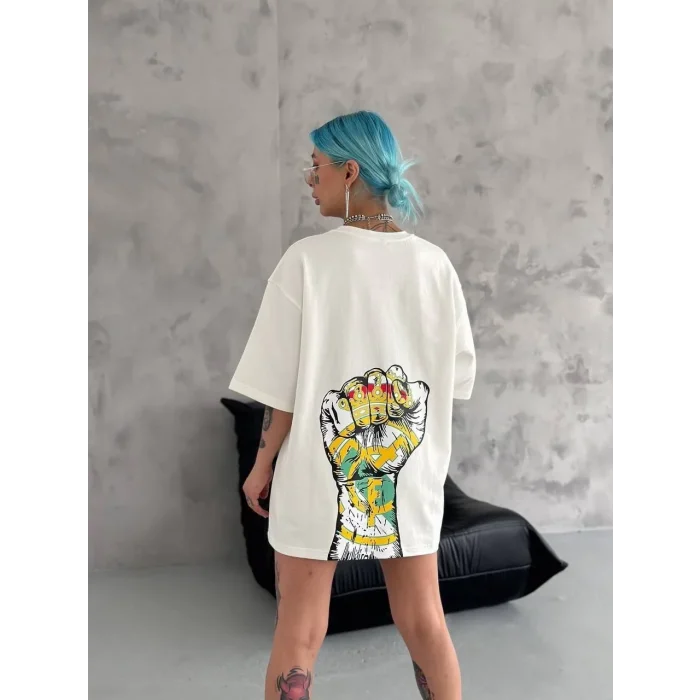 Kadın Kısa Kol Yazlık Tişört Bisiklet Yaka Baskılı Oversize T-Shirt - Beyaz