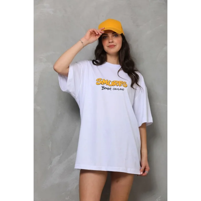 kadın Bisiklet Yaka Baskılı Oversize T-Shirt - Beyaz