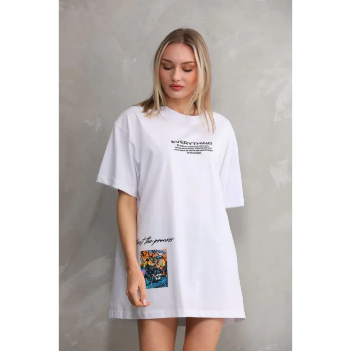 kadın Bisiklet Yaka Baskılı Oversize T-Shirt - Beyaz