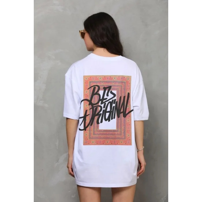 Kadın Baskılı T-Shirt Kısa Kol Bisiklet Yaka Oversize Rahat Kalıp Tişört - Beyaz