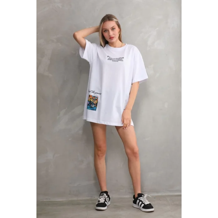 kadın Bisiklet Yaka Baskılı Oversize T-Shirt - Beyaz