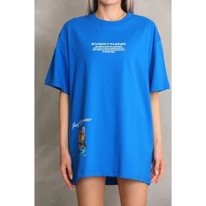 kadın Bisiklet Yaka Baskılı Oversize T-Shirt - Mavi