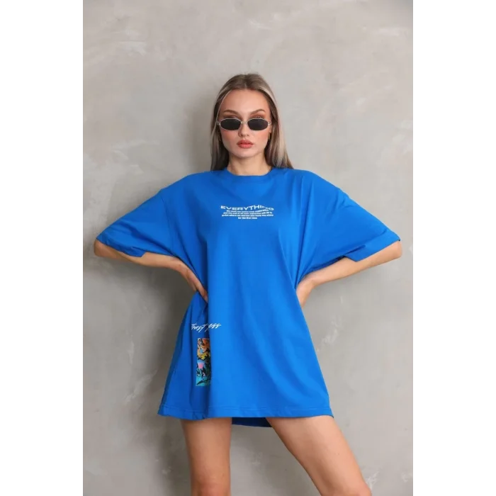 kadın Bisiklet Yaka Baskılı Oversize T-Shirt - Mavi