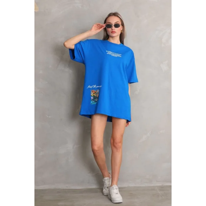 kadın Bisiklet Yaka Baskılı Oversize T-Shirt - Mavi